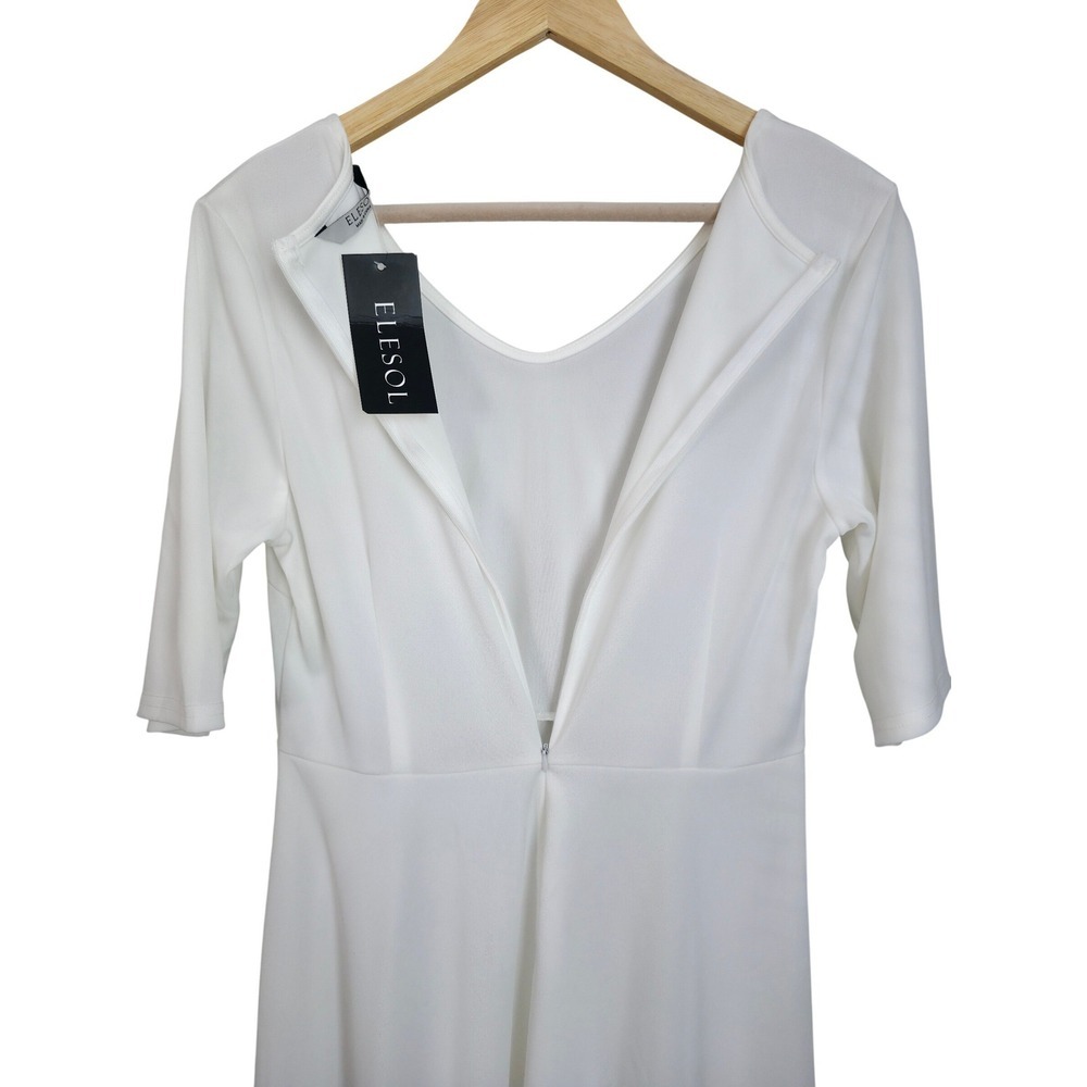 NWT Elesol White Midi Dress L Short Sleeve Flowy Skater Casual Stretch - Picture 6 of 10